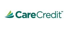 The logo for carecredit is green and white with a green leaf.