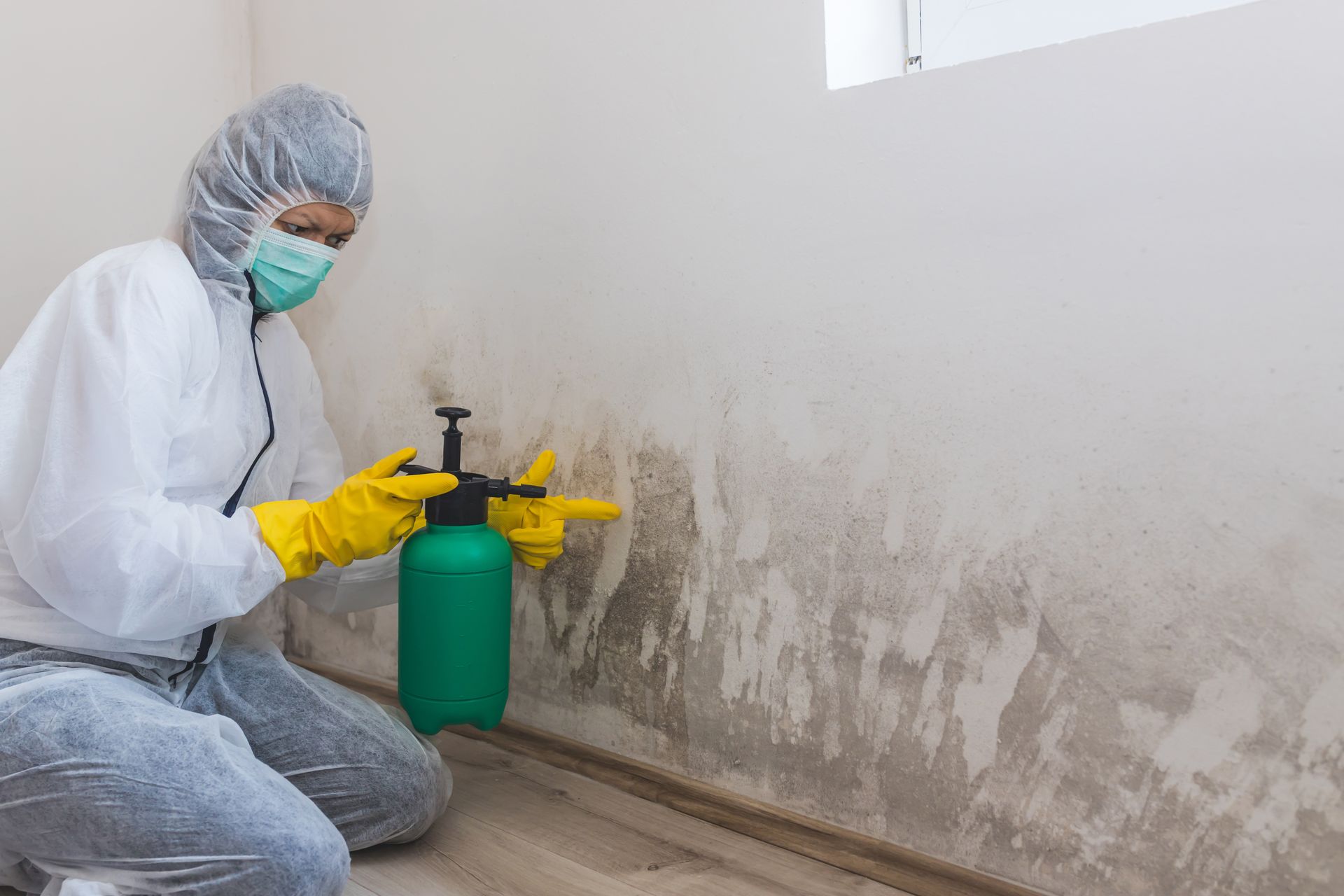 Person in protective suit sprays mold on a wall.