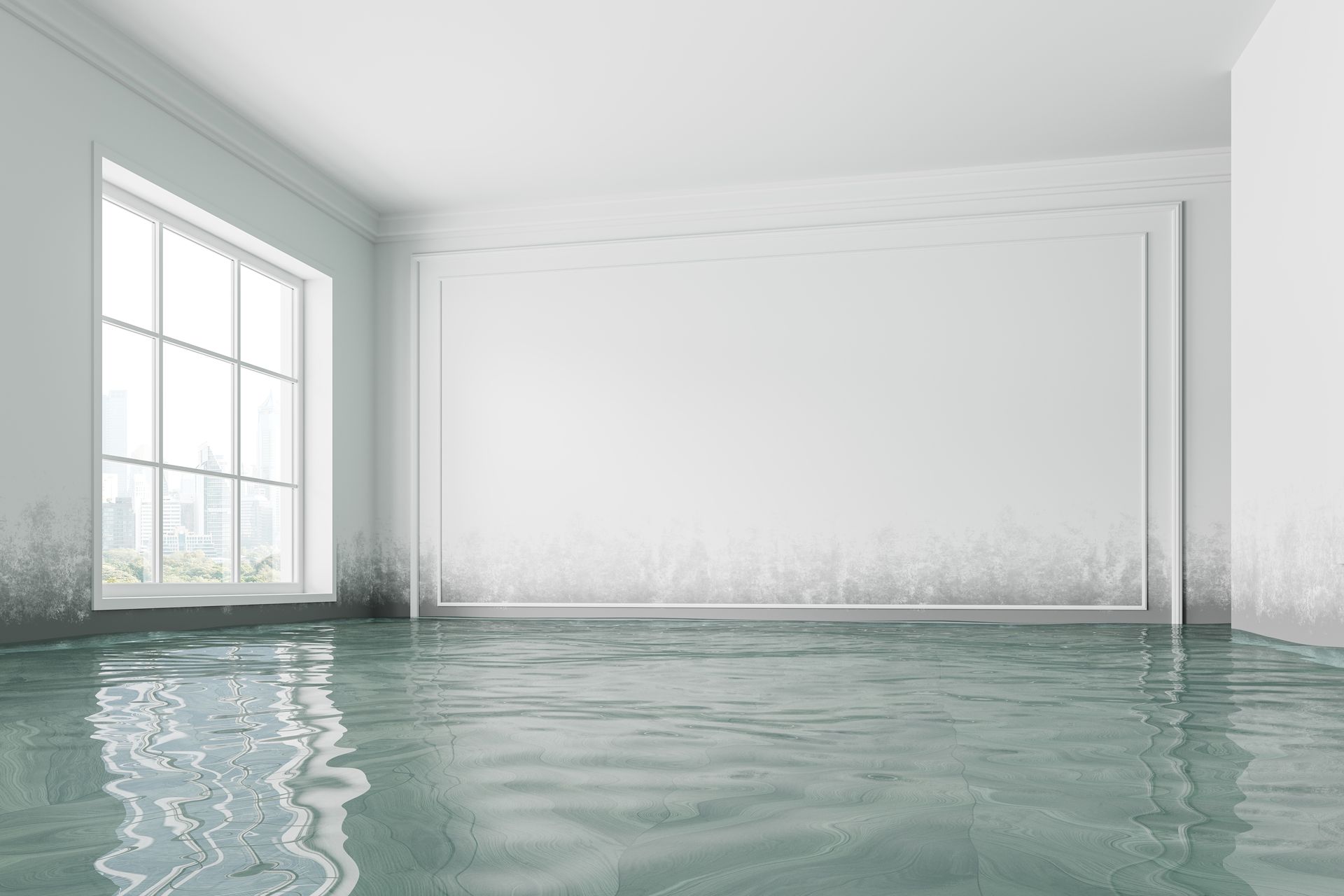 Flooded white room with rippled water. Large window with cityscape view, mold stains on walls.