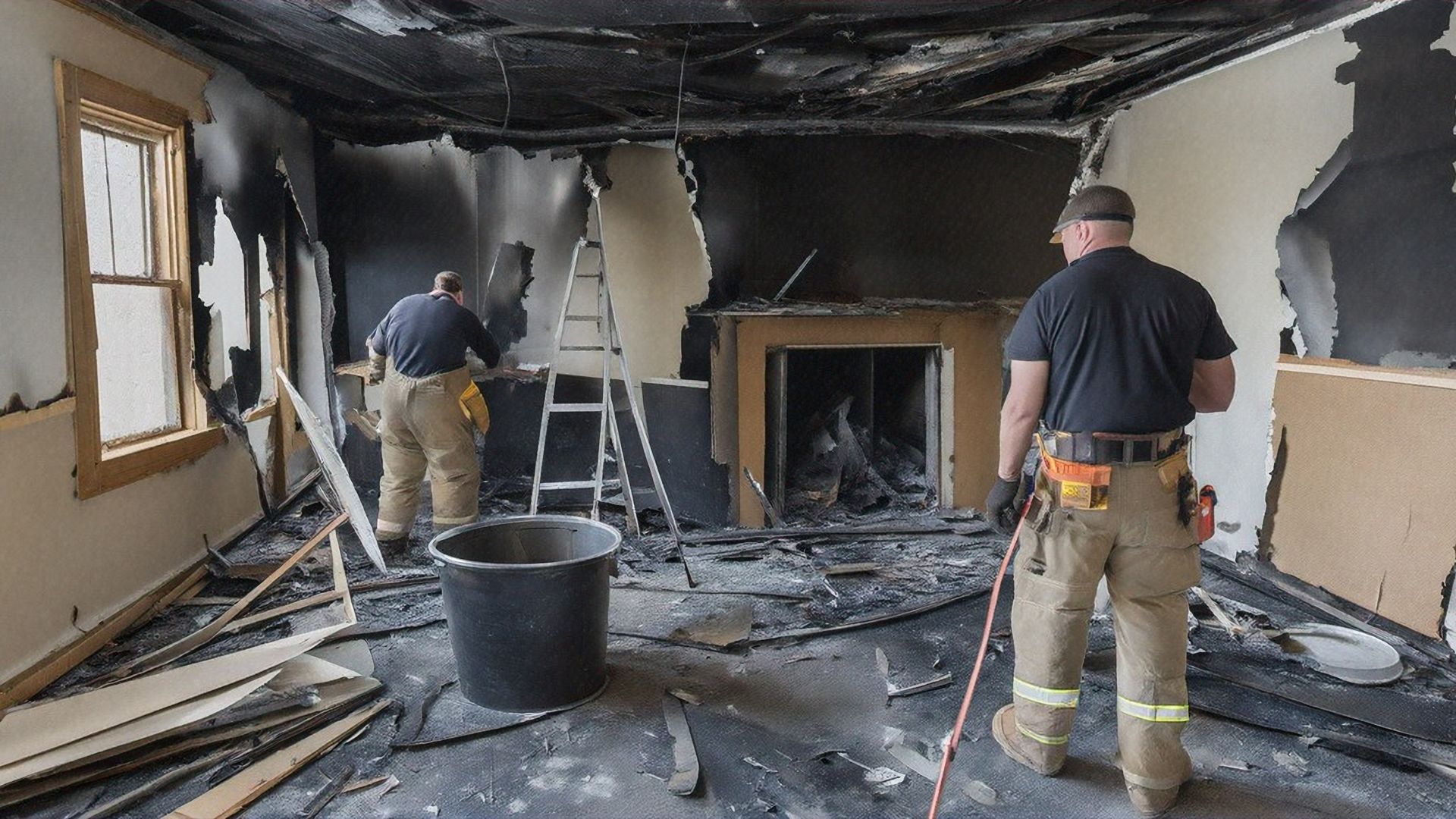 Firefighters assess fire damage in a room with charred walls and a damaged fireplace.
