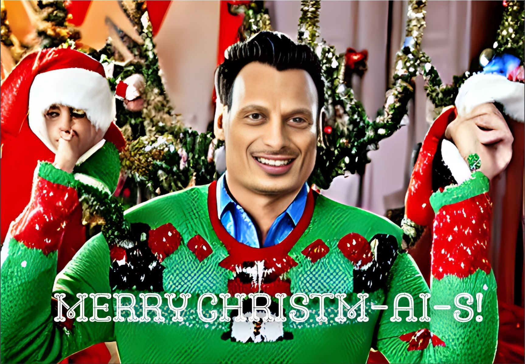 Man in suit with gift and sunglasses, pointing, in front of Christmas tree and blue curtain.