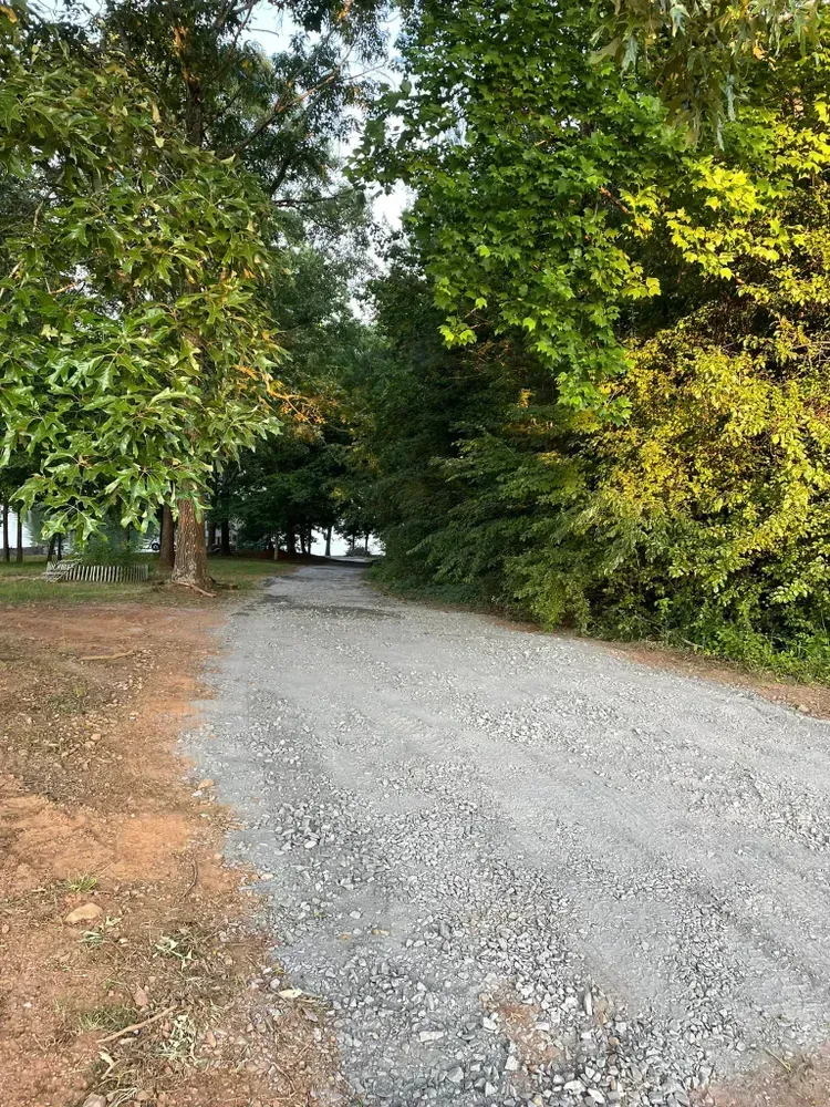 A dirt road with trees on both sides and a house in the background.