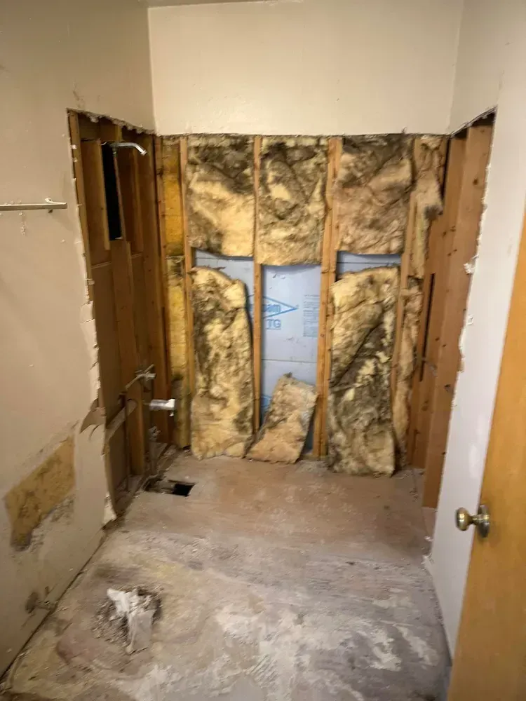 A bathroom with a lot of insulation on the walls and a door.