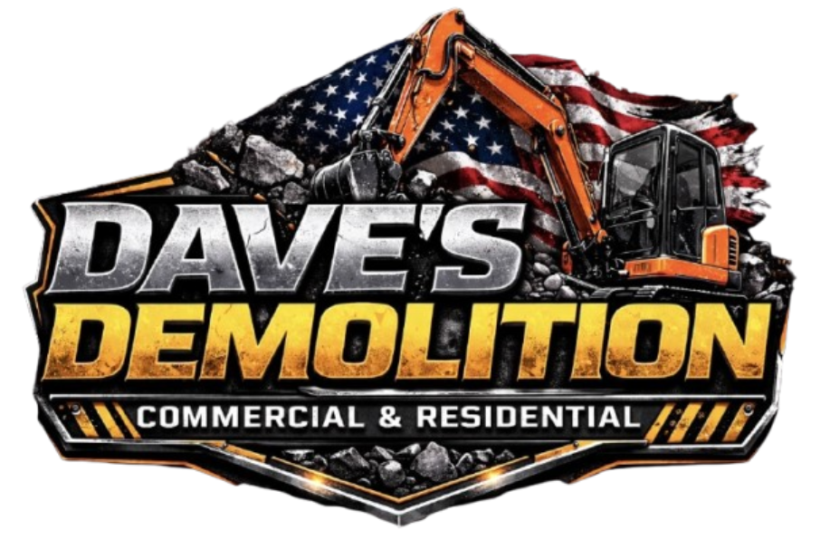 Logo: Dave's Demolition & Services, excavator over debris, phone number: 980-313-2550.