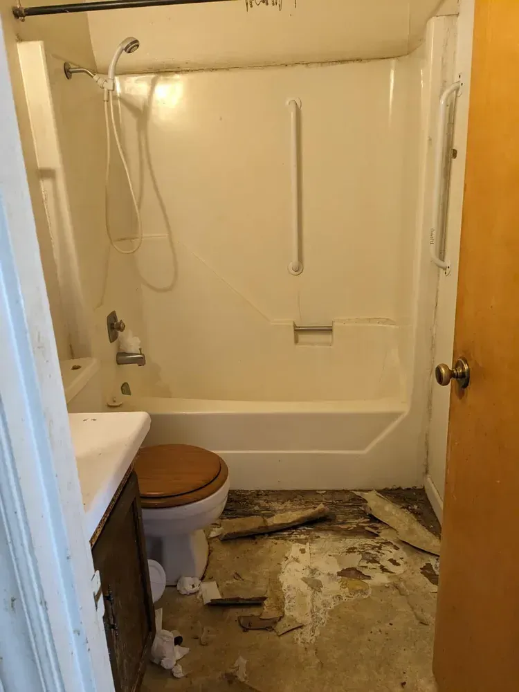 A bathroom with a toilet , bathtub , sink and shower.