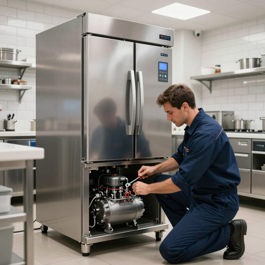Un técnico se arrodilla junto a una máquina de acero inoxidable, ajustando componentes en una cocina industrial impecable.