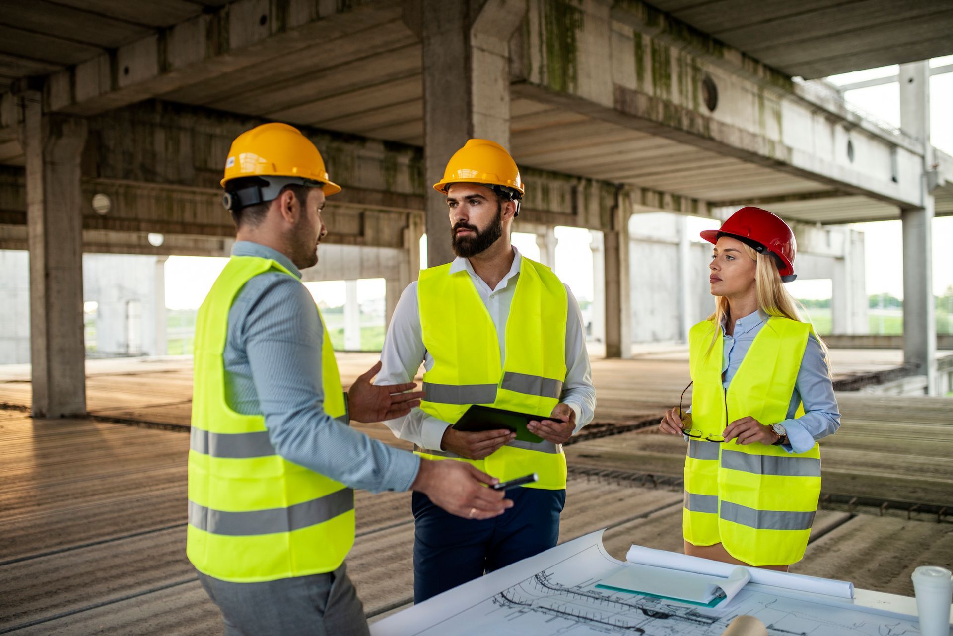 Engineers discussing the project on-site for a trusted civil engineering consultation company.