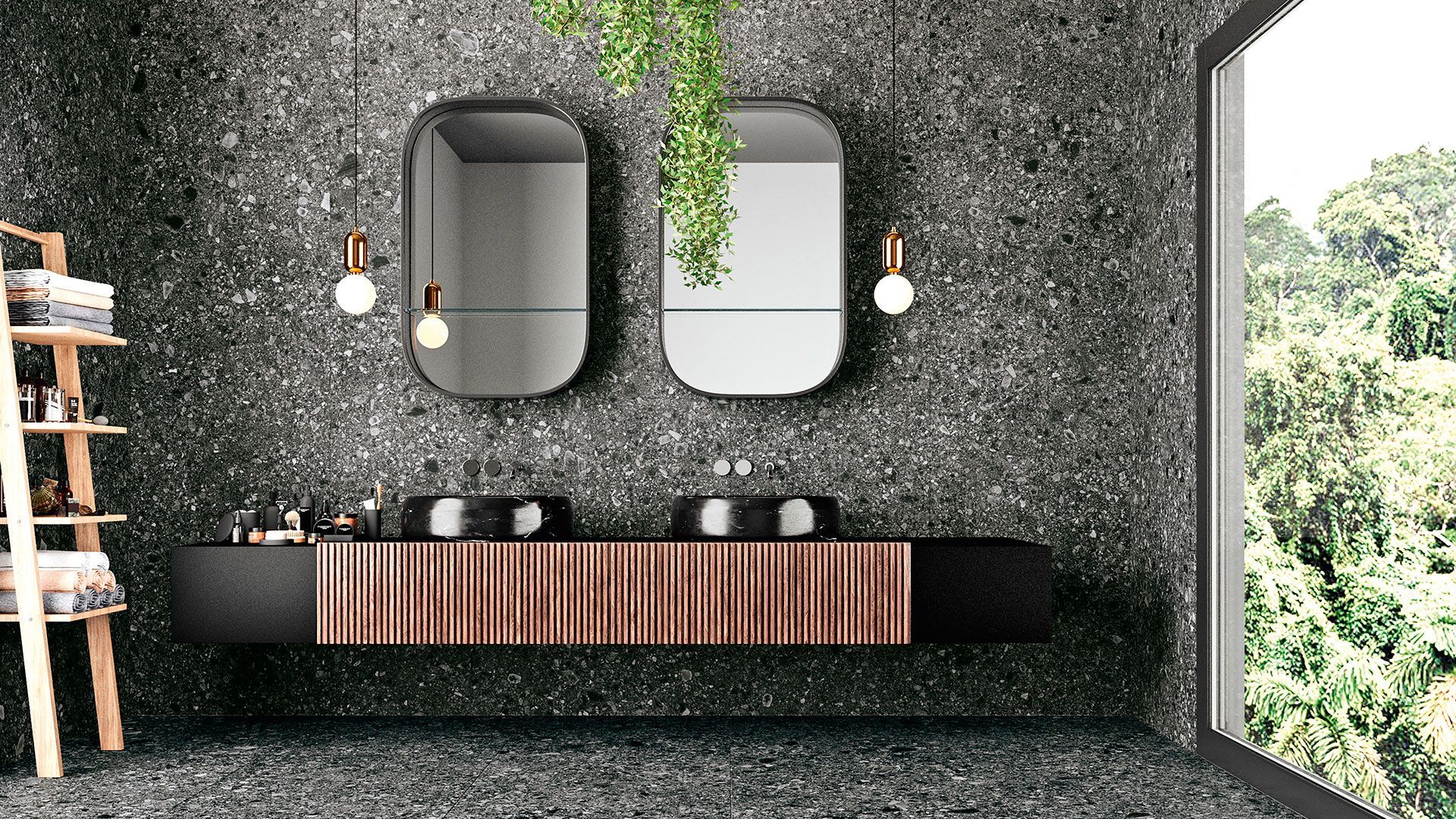 Un moderno mobile da bagno con doppio lavabo, ante in legno e due specchi, su una parete in terrazzo grigio scuro.