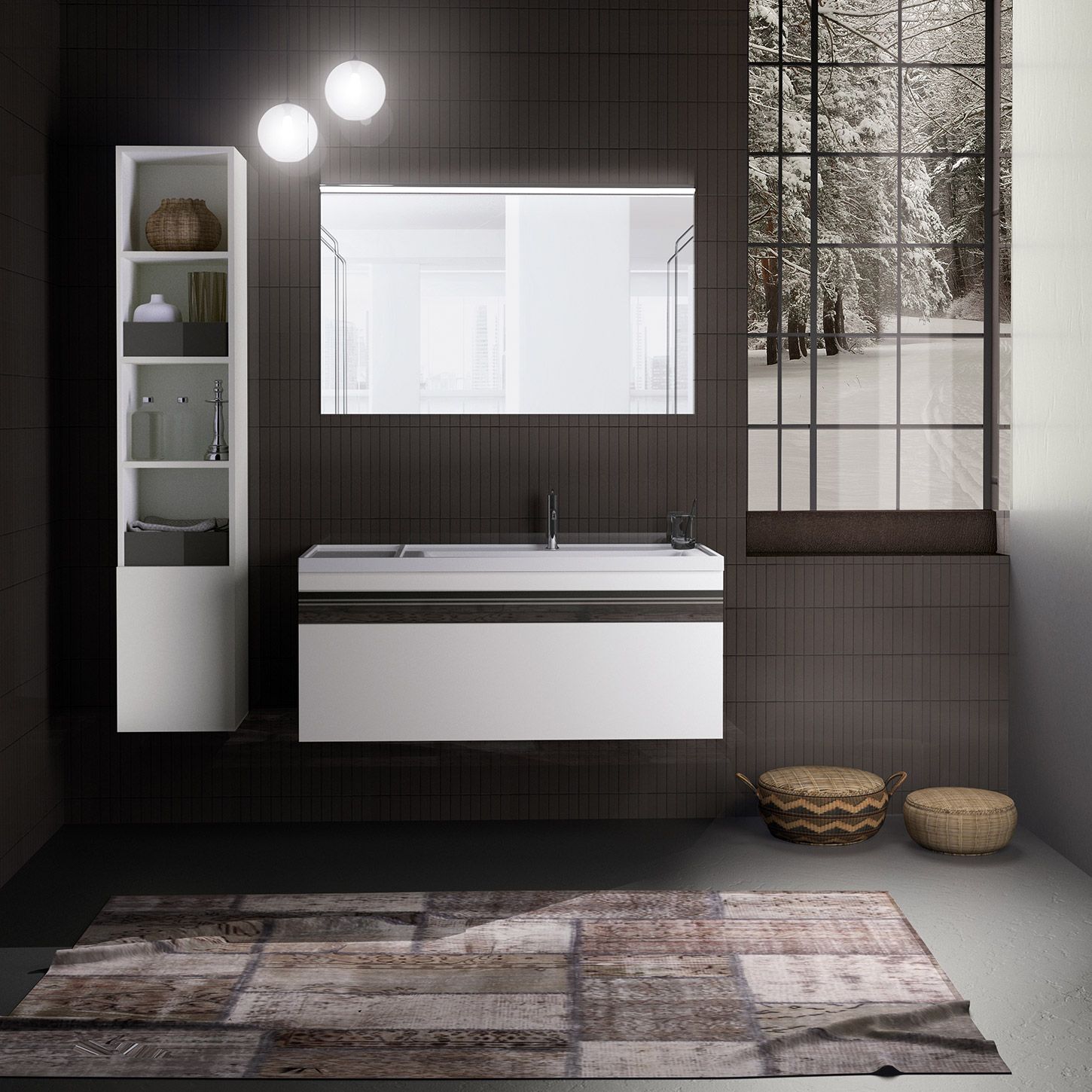 Interno di un bagno moderno con mobile lavabo bianco a parete, specchio, armadio alto e tappeto con texture sul pavimento.