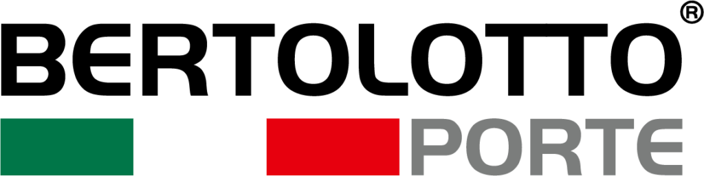 Logo per Bertolotto Porte con il nome dell'azienda in nero e grigio, accentuato da blocchi verdi e rossi.