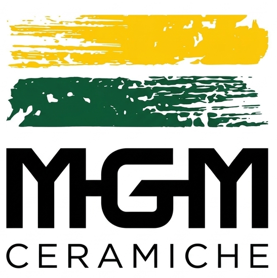 Logo per MGM Ceramiche caratterizzato da una pennellata gialla e una verde sopra le scritte in grassetto nero