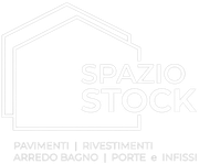 Logo per Spazio Stock con la sagoma minimalista di una casa, testo e categorie: pavimenti, rivestimenti murali, bagno e porte.
