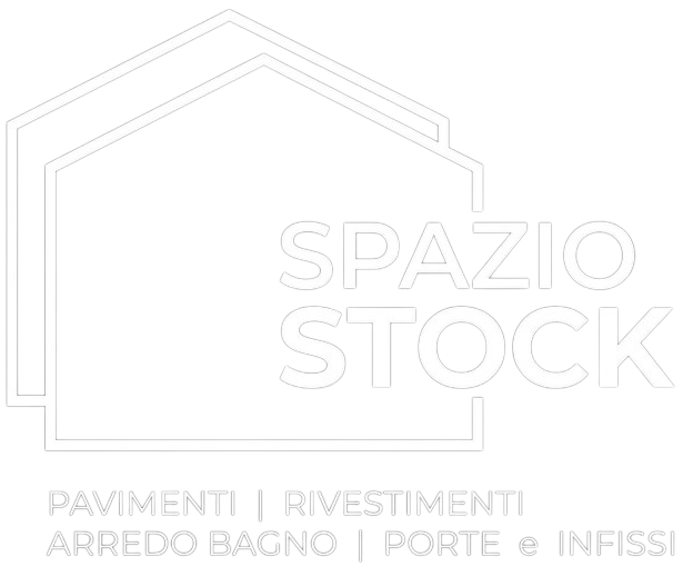 Logo per Spazio Stock con la sagoma minimalista di una casa, testo e categorie: pavimenti, rivestimenti murali, bagno e porte.