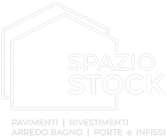 Logo per Spazio Stock con la sagoma minimalista di una casa, testo e categorie: pavimenti, rivestimenti murali, bagno e porte.