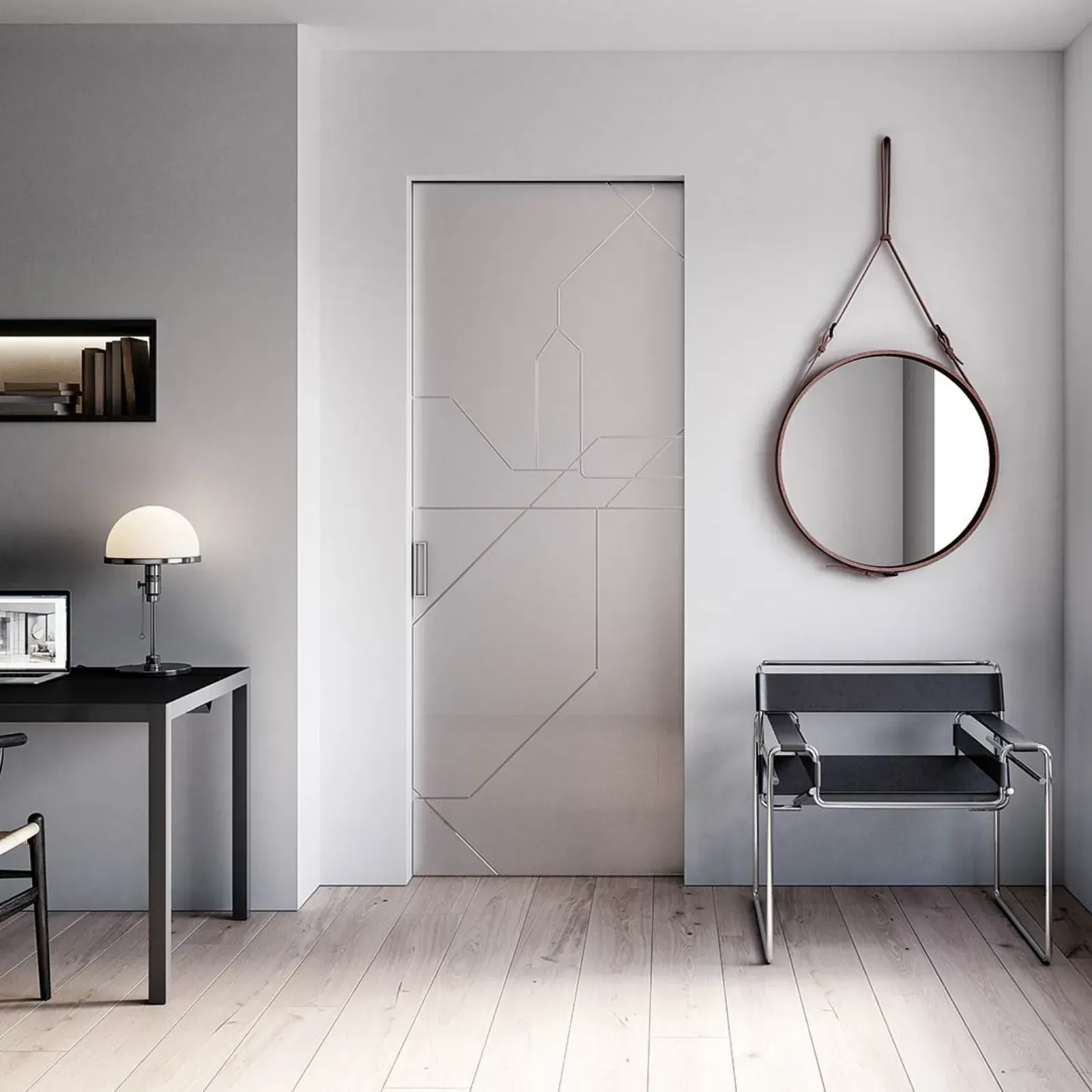 Camera minimalista caratterizzata da una porta scorrevole con motivo geometrico, una moderna poltrona in pelle, uno specchio rotondo a parete e una scrivania.