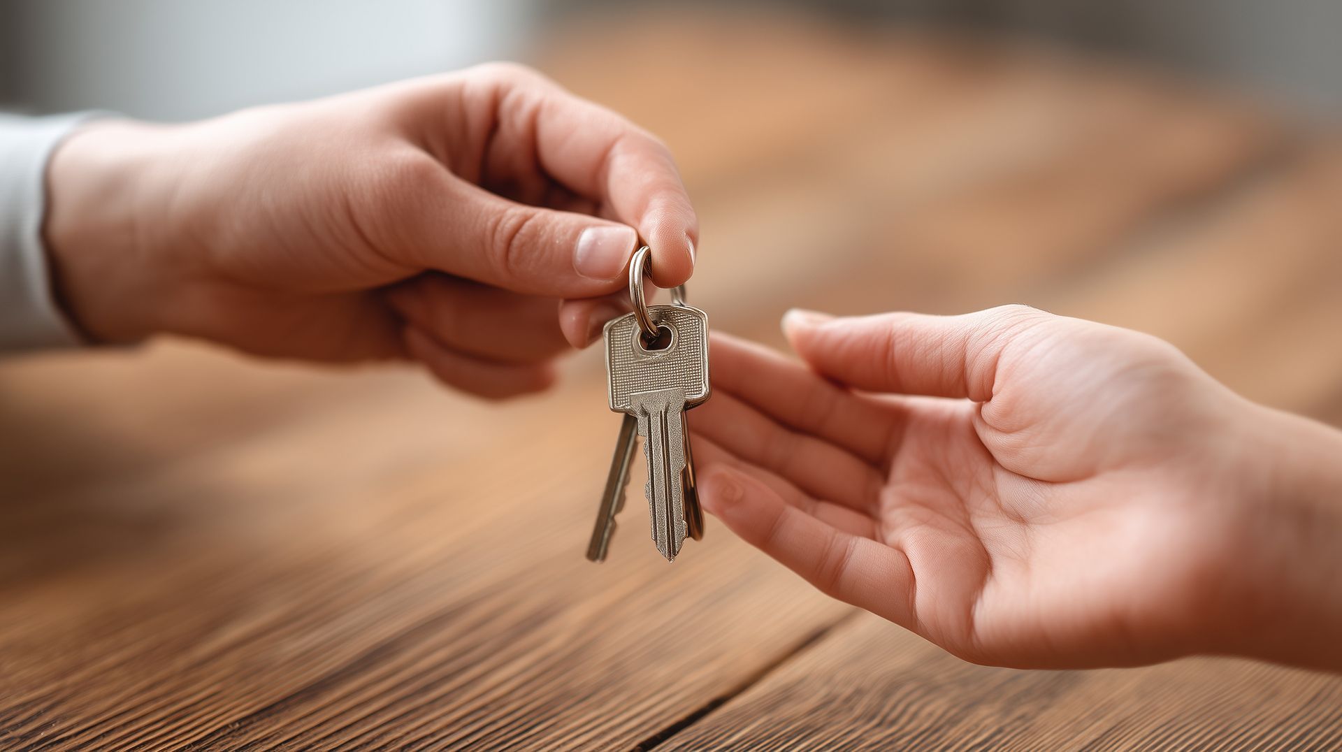 Hand offering a set of keys to another hand on a wooden surface.
