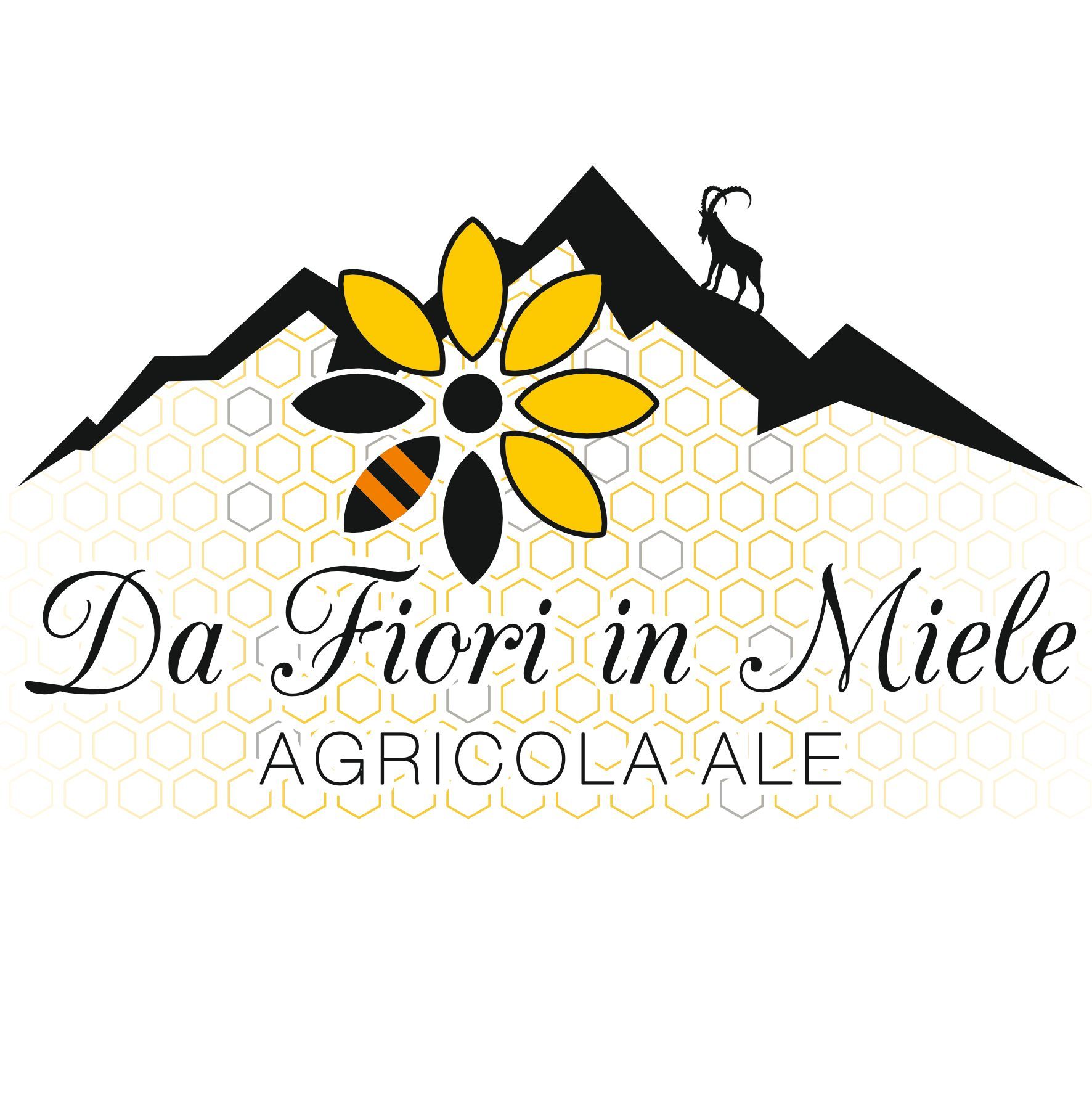 un logo per da fiori in miele agricola ale con un fiore e una montagna.