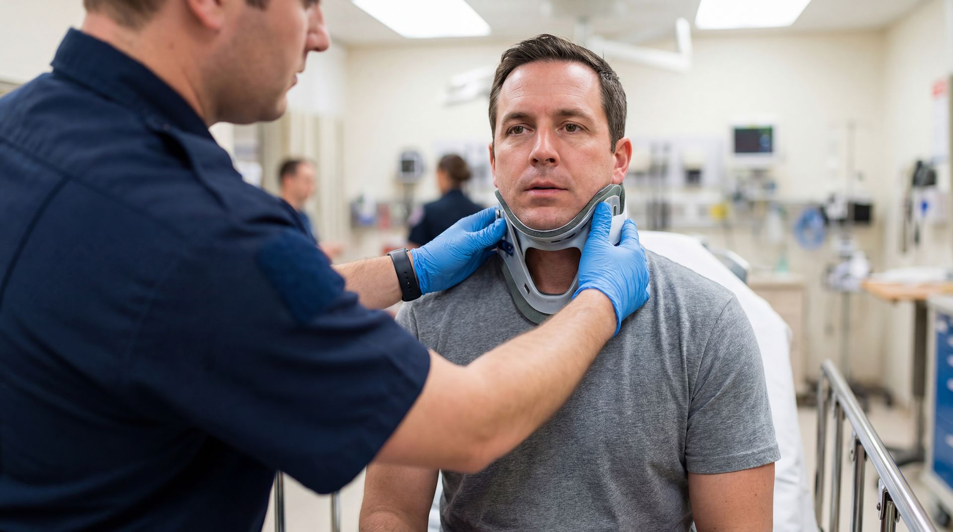 A doctor is fitting a cervical collar on an injured man at an urgent care clinic. A doctor is fitting a cervical collar on an injured man at an urgent care clinic.
