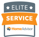 HomeAdvisor Elite Service badge in grey and orange, with text and logo.