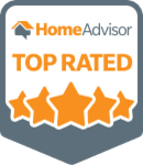 HomeAdvisor Top Rated badge with orange stars and text on a gray background.