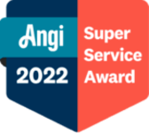 Angi 2022 Super Service Award badge, split teal and red, indicating excellence in service.