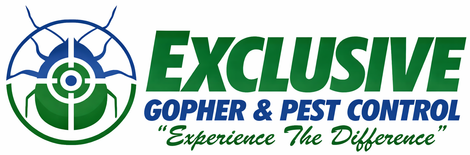 Logo for Exclusive Gopher & Pest Control featuring a stylized bug icon inside a target crosshair.