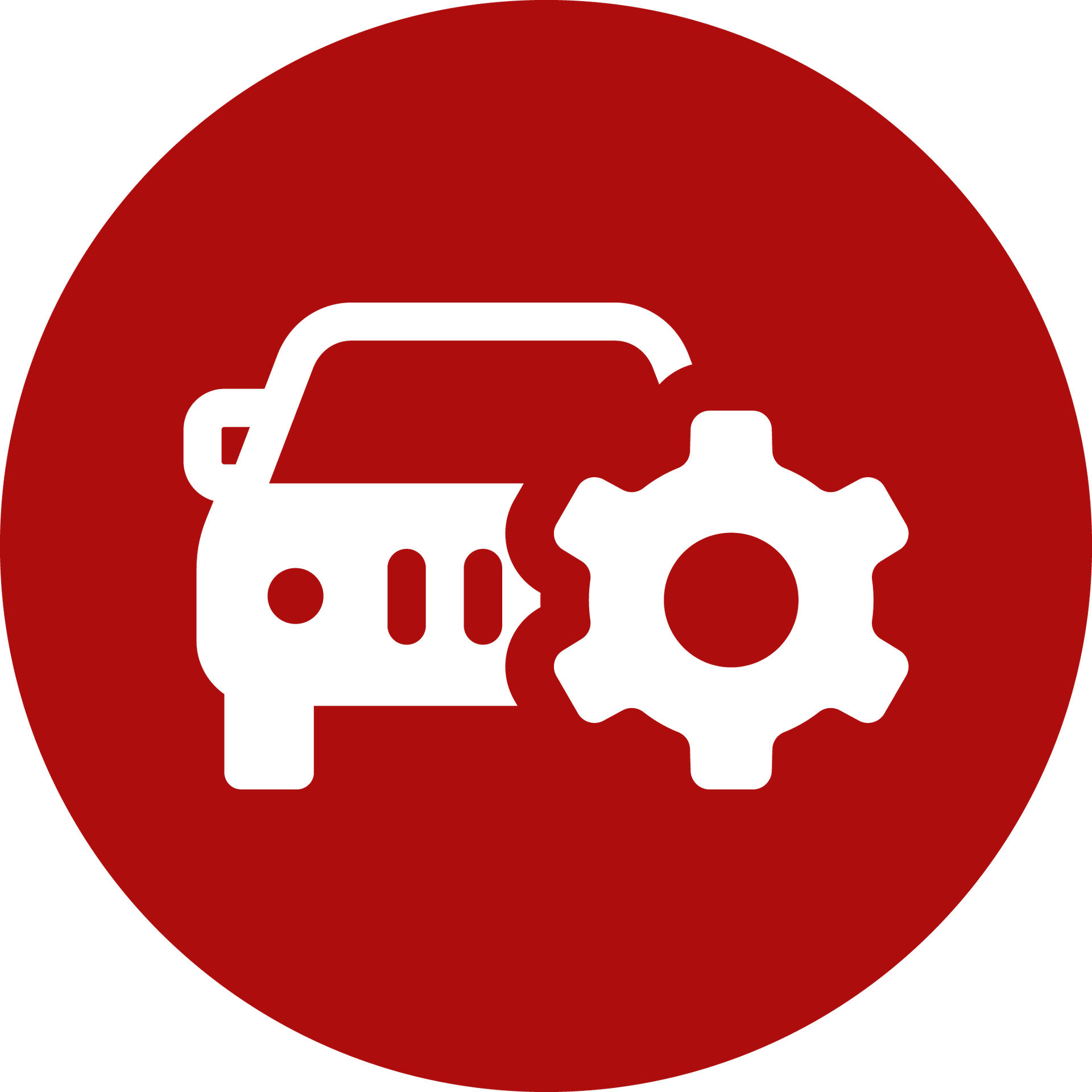 An icon of a car and gears in a red circle.