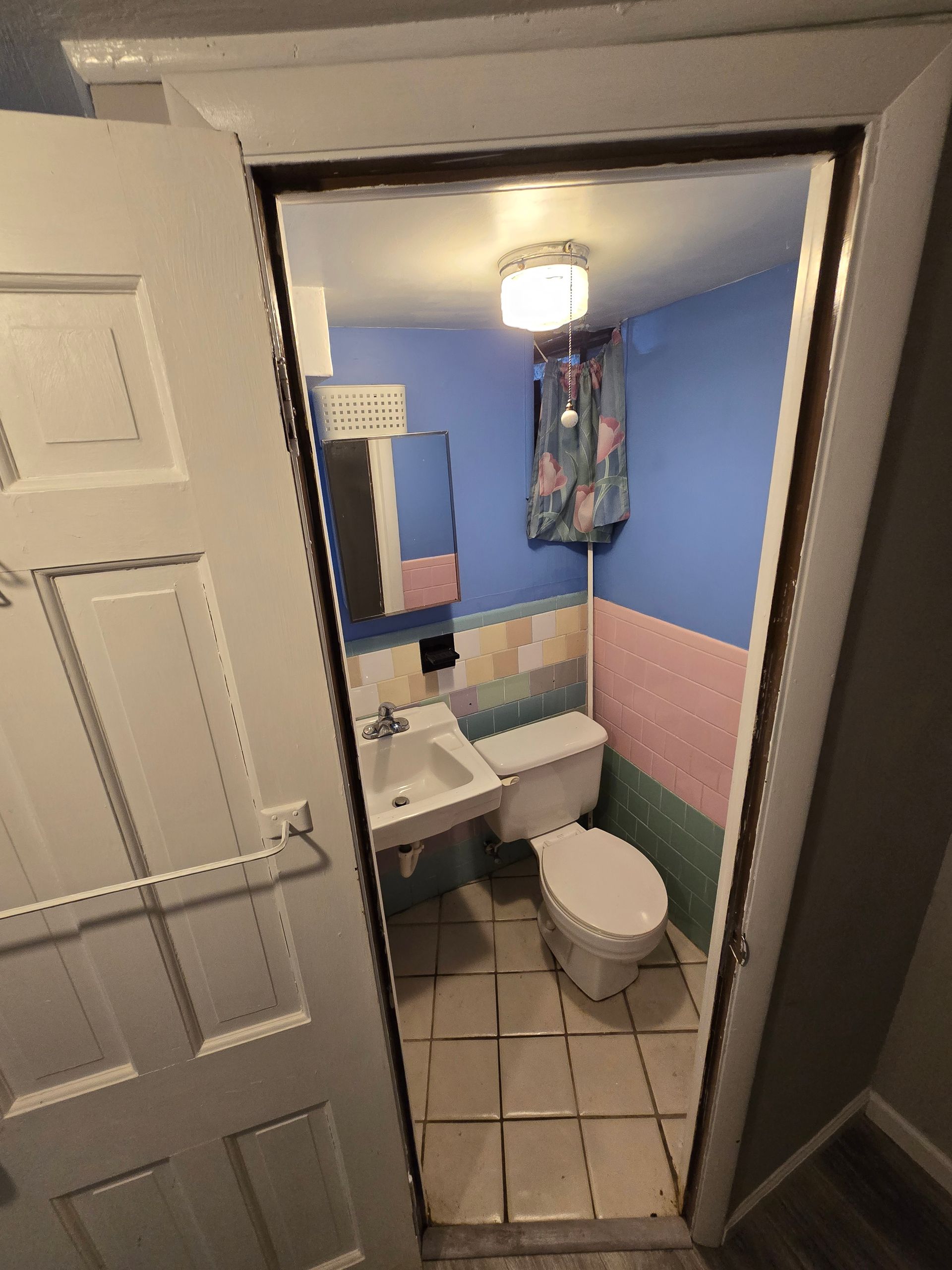 Narrow bathroom doorway with a blue and pink interior, featuring a toilet, sink, and mirror.