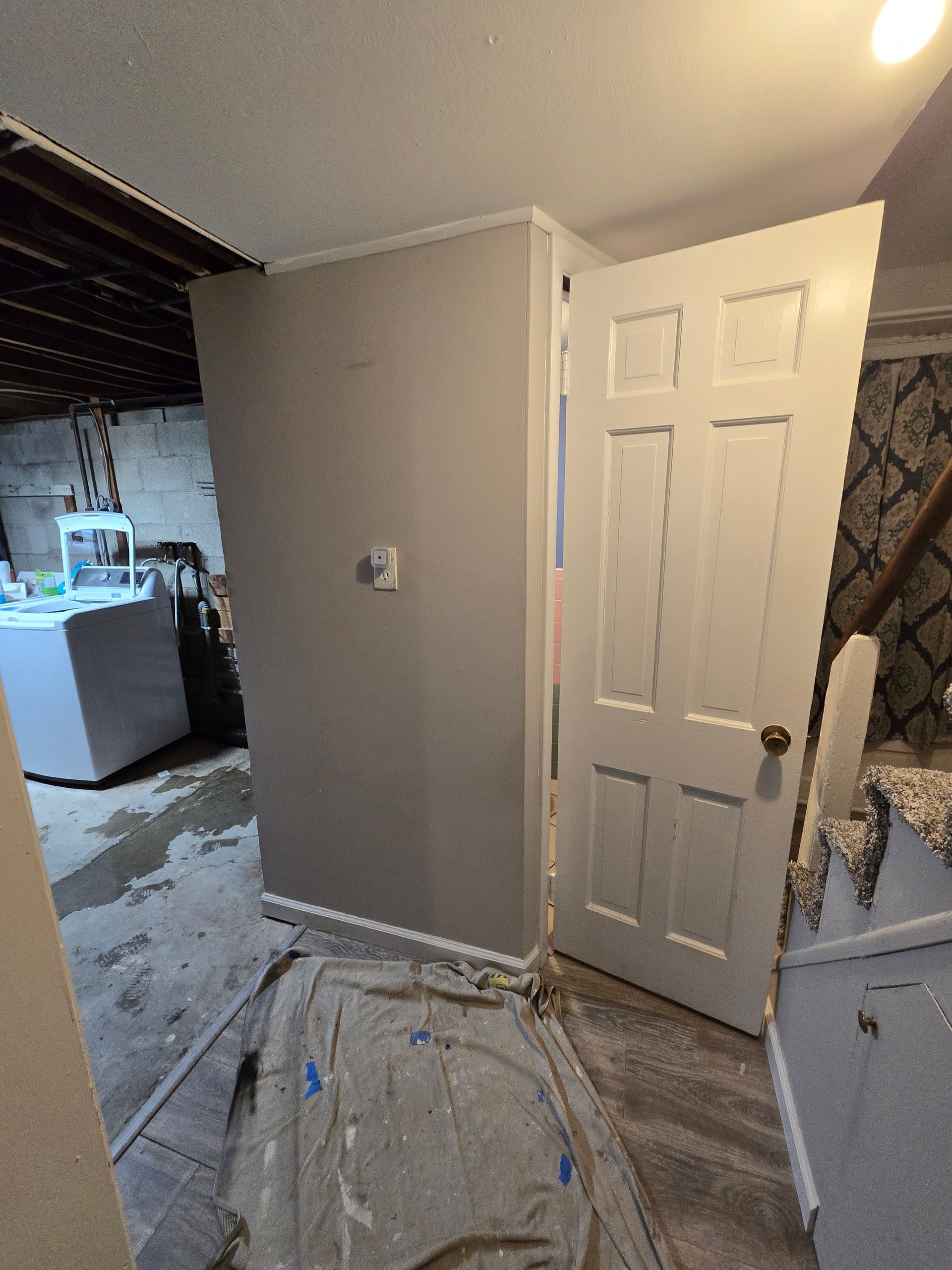 A gray-painted room corner with a white door slightly open, in a basement setting.