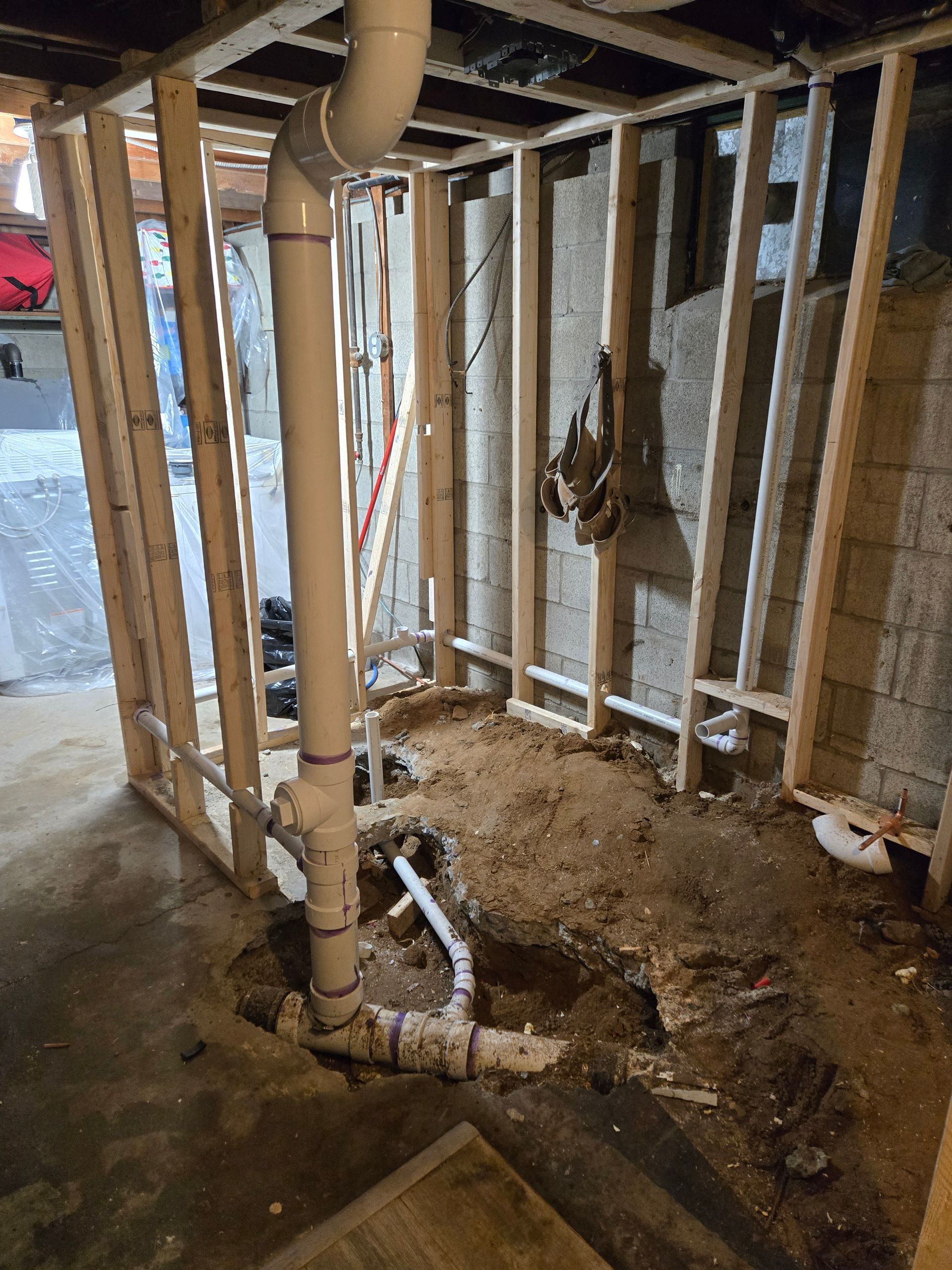 Basement with wood framing and plumbing pipes. Dirt floor with exposed pipes. Concrete walls.