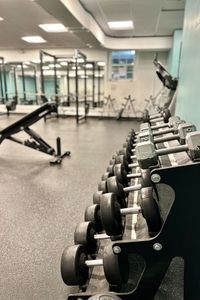 A row of dumbbells are lined up in a gym.