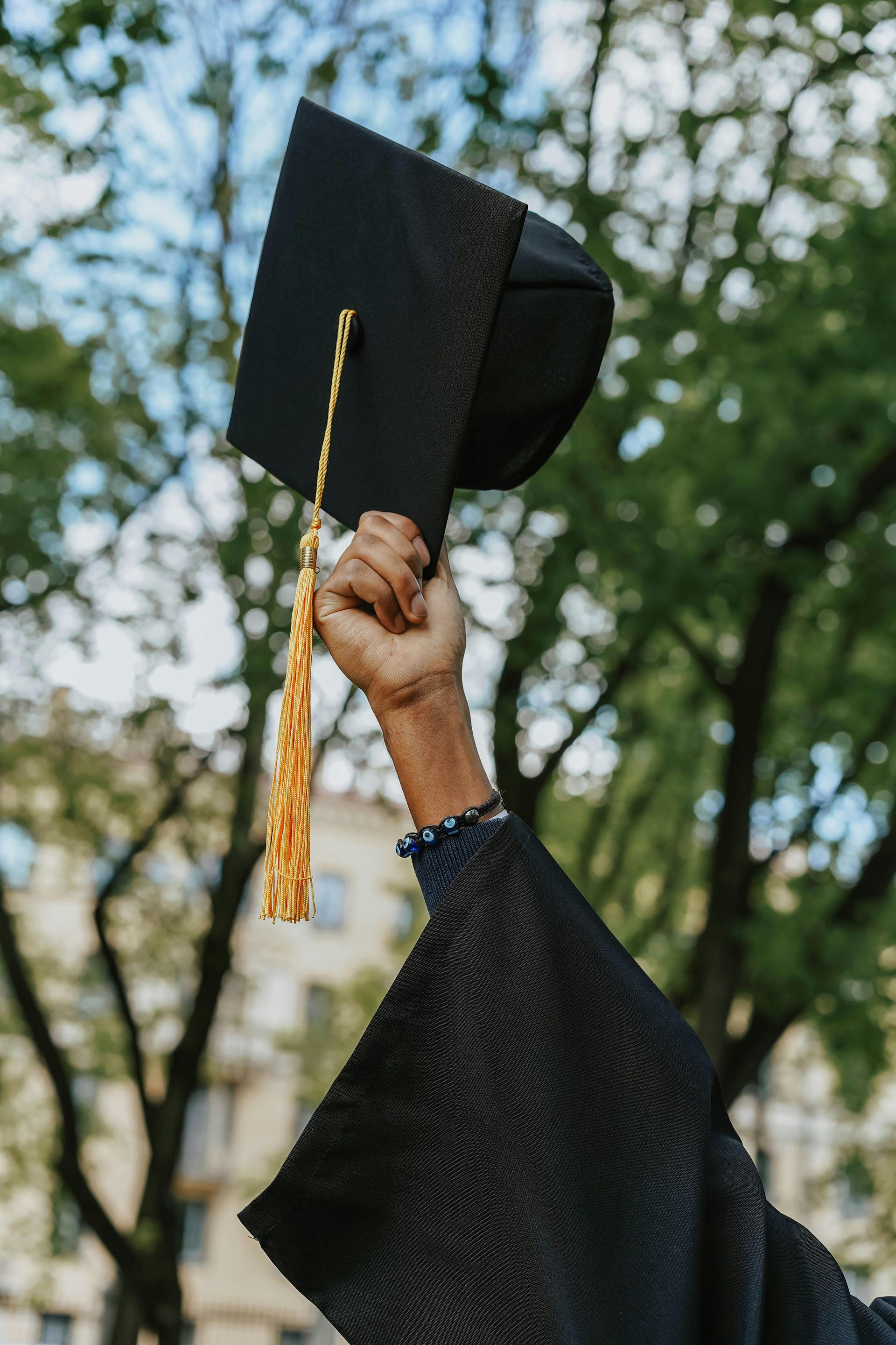A person in a graduation cap and gown is holding a graduation cap in the air.