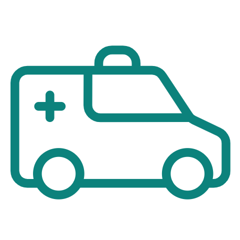 Türkisfarbene Umrisszeichnung eines Krankenwagens mit einem medizinischen Kreuz an der Seite.