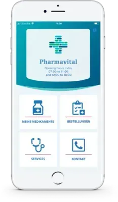 Smartphone-App für Pharmavital mit Menüoptionen: Medikamente, Bestellungen, Serviceleistungen und Kontakt.