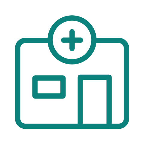 Krankenhausgebäude mit einem Pluszeichen und türkisfarbener Umrandung.