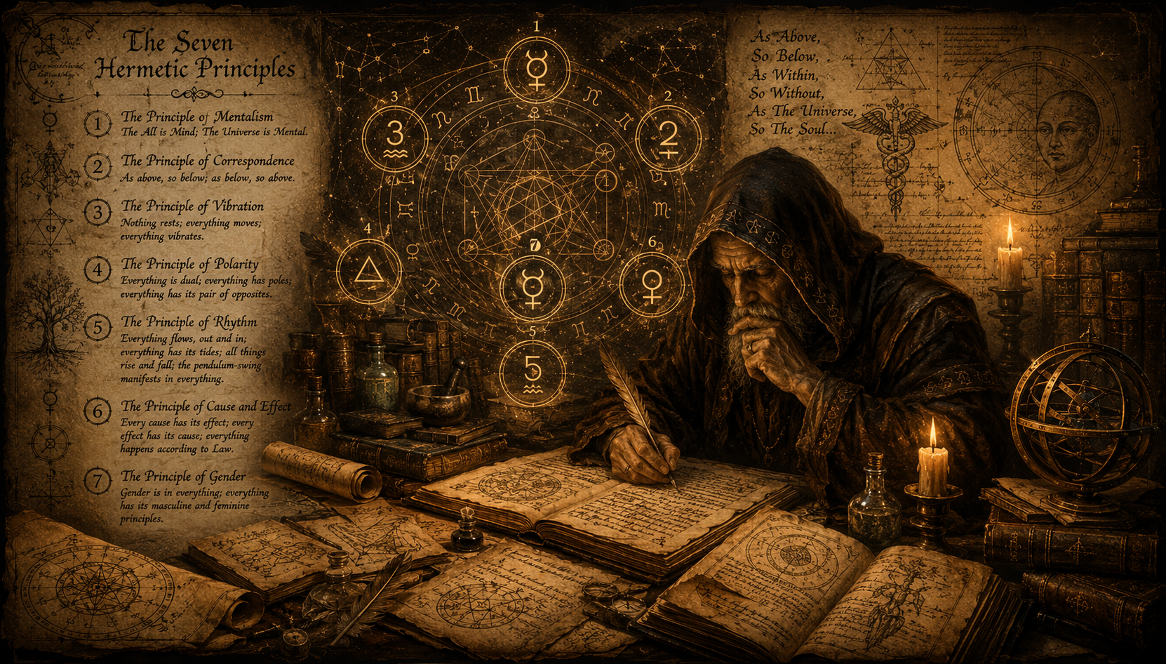 A hooded figure writes at a candlelit desk beside scattered papers and a glowing wall of symbols.