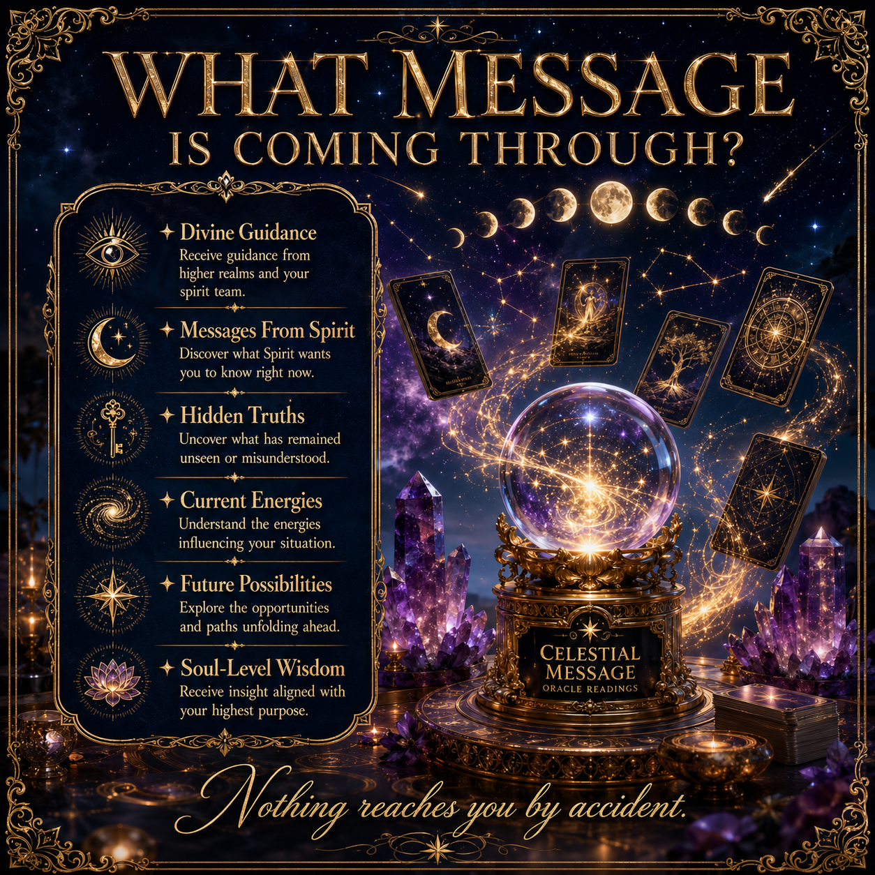 Celestial-themed oracle reading poster with glowing purple stars, a crystal ball, and a golden message scroll