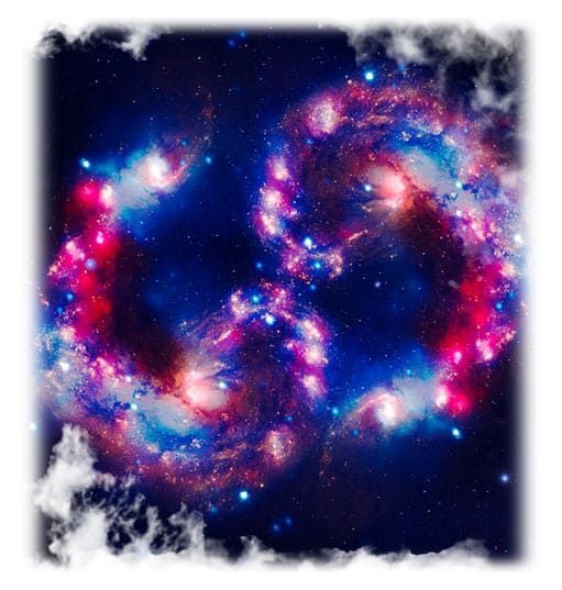 Vibrant pink, blue, and white spiral galaxies on a dark space background with cloudy edges