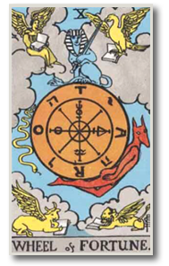 Tarot card “Wheel of Fortune” with a gold wheel, winged figures, and a blue background