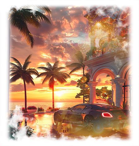 Sunset beach scene with palm trees, a sports car, and a glowing seaside archway
