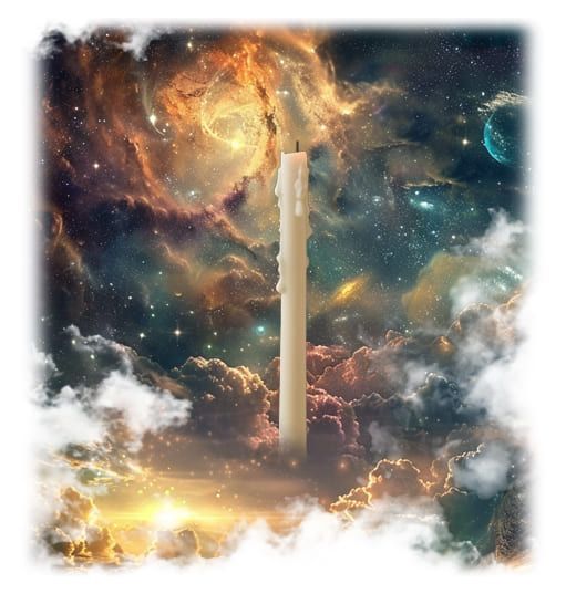 A glowing candle-like tower rising through clouds in a cosmic sky with stars and nebulae.