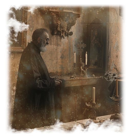 A man in a dark coat stands beside a candlelit altar in a sepia-toned room, viewed through a frosted frame.