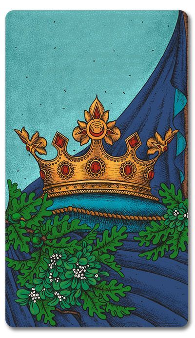 Ornate gold crown with red jewels on blue fabric, framed by green leaves against a teal background