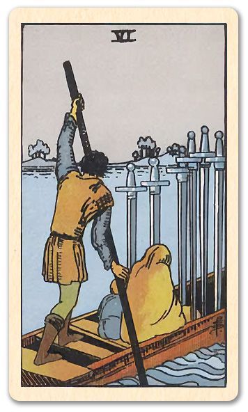 Two people in a boat row toward a city of swords under a gray sky.