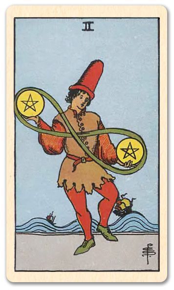 Tarot card of the Two of Pentacles: jester juggling two coins linked by a ribbon over waves.