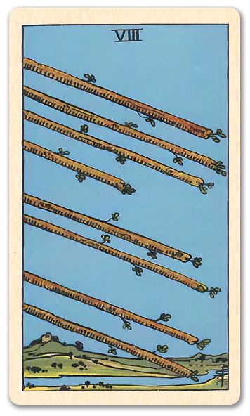 Eight of Wands tarot card with eight diagonal wands on a blue sky background and green ground below