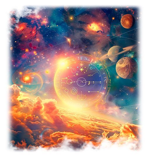 Dreamy cosmic sky with planets, stars, and glowing clouds in vibrant orange and blue