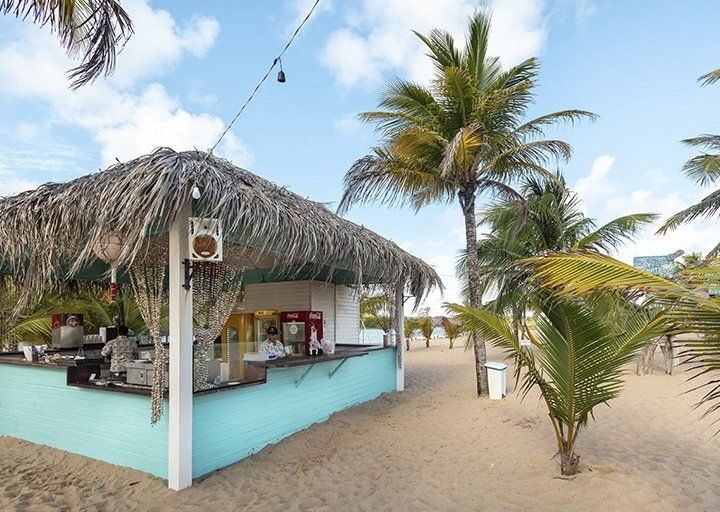 Um bar de praia com telhado de palha cercado por palmeiras.