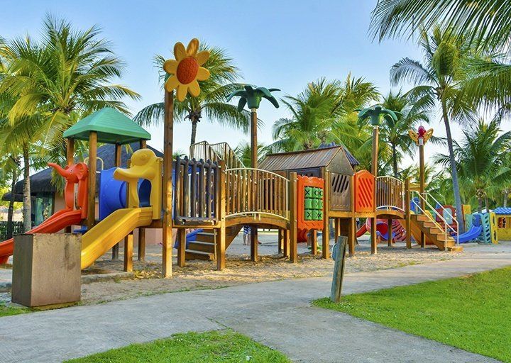 Um playground colorido em um parque com palmeiras ao fundo