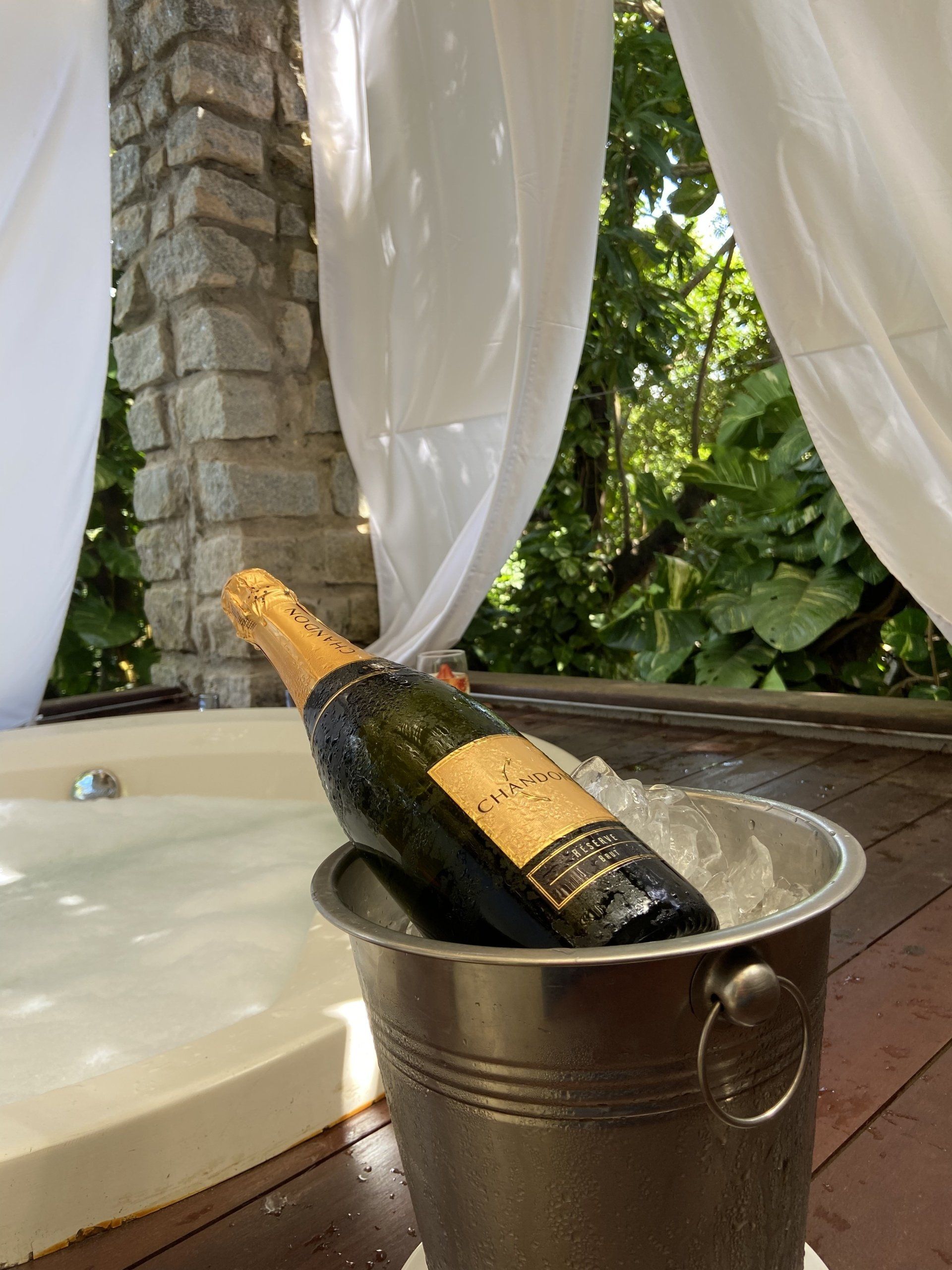 Um balde de gelo com uma garrafa de champanhe dentro